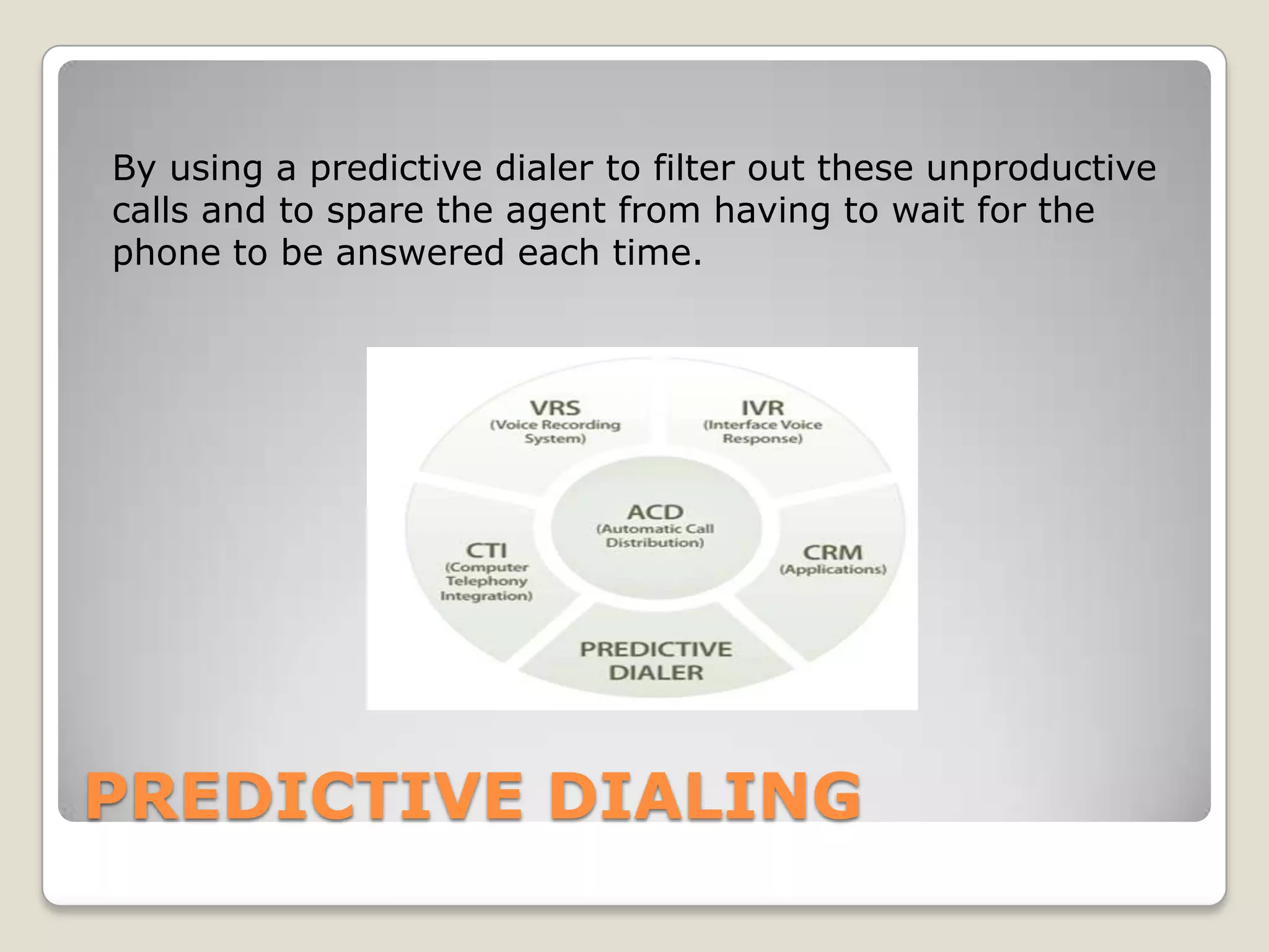 By using a predictive dialer to filter out these unproductive
calls and to spare the agent from having to wait for the
phone to be answered each time.




PREDICTIVE DIALING
 
