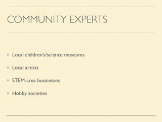 COMMUNITY EXPERTS
Local children’s/science museums
Local artists
STEM-area businesses
Hobby societies
 