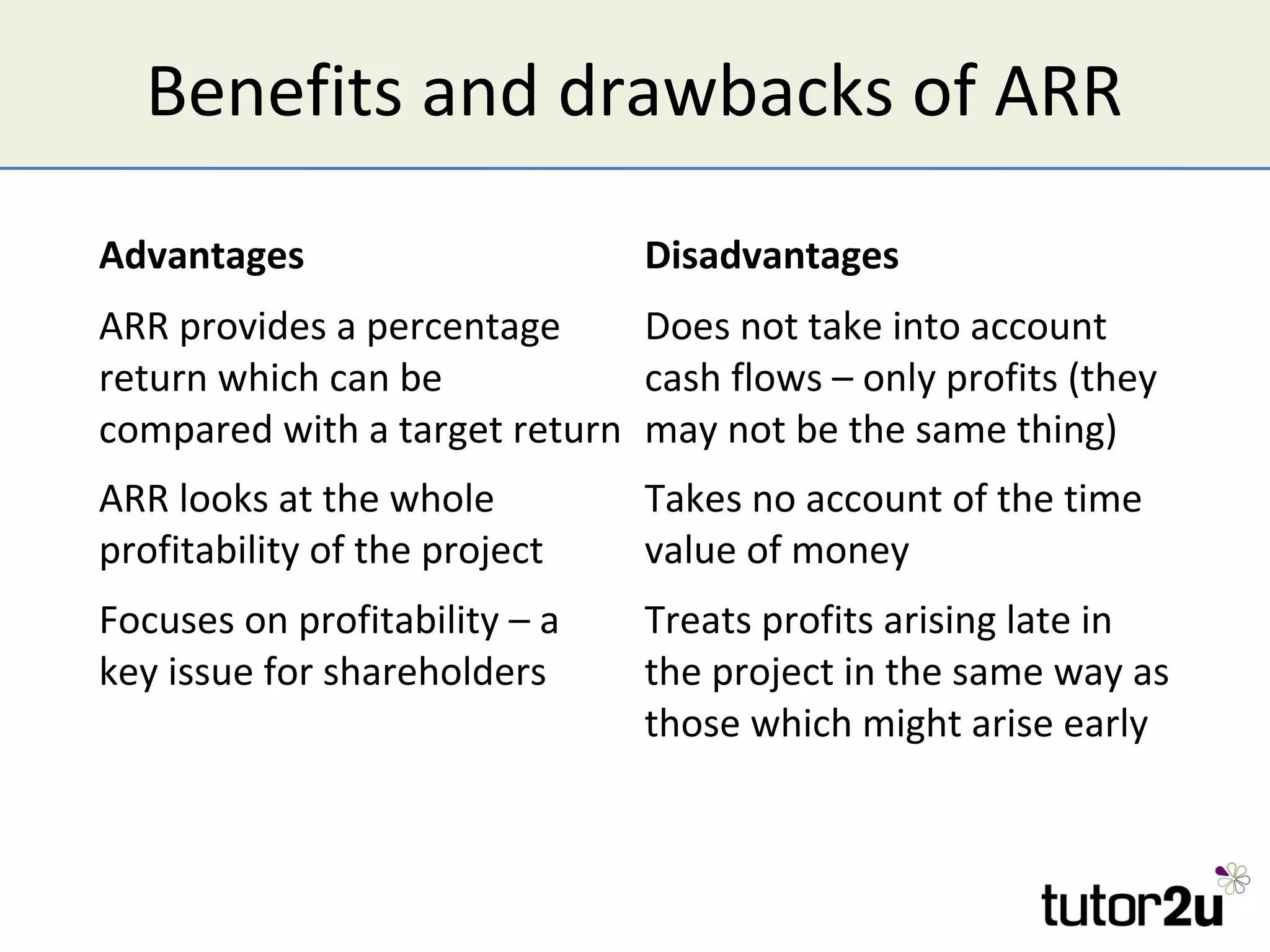 Benefits and drawbacks of ARR
Advantages                     Disadvantages
ARR provides a percentage     Does not take into account
return which can be           cash flows – only profits (they
compared with a target return may not be the same thing)
ARR looks at the whole         Takes no account of the time
profitability of the project   value of money
Focuses on profitability – a   Treats profits arising late in
key issue for shareholders     the project in the same way as
                               those which might arise early
 