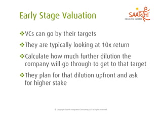  VCs can go by their targets
 They are typically looking at 10x return
 Calculate how much further dilution the
 company will go through to get to that target
 They plan for that dilution upfront and ask
 for higher stake


             ©	
  Copyright	
  Saarthi	
  Integrated	
  Consul5ng	
  LLP.	
  All	
  rights	
  reserved	
  
 