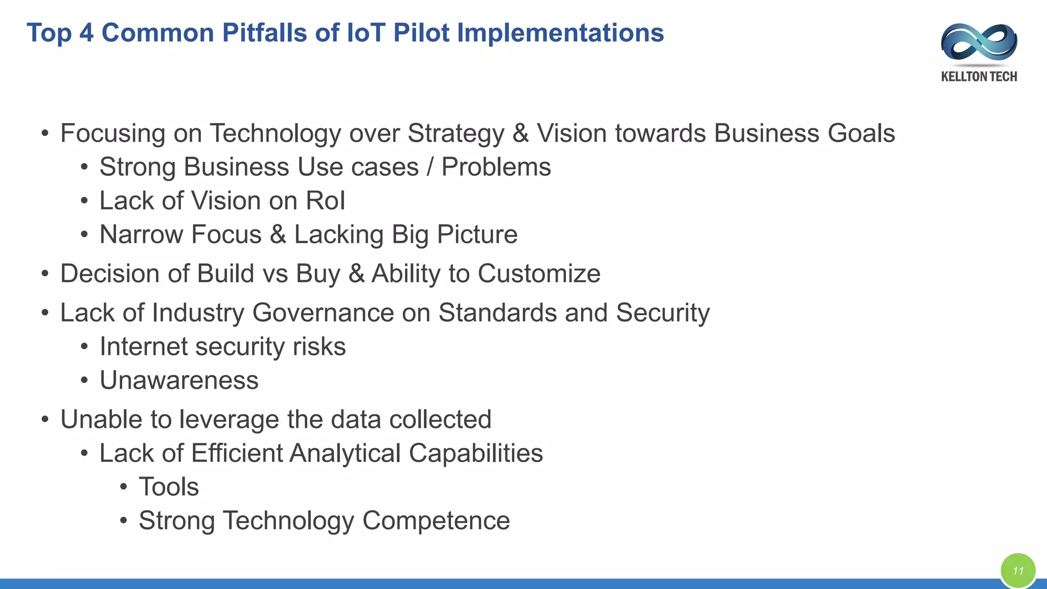 Top 4 Common Pitfalls of IoT Pilot Implementations
• Focusing on Technology over Strategy & Vision towards Business Goals
• Strong Business Use cases / Problems
• Lack of Vision on RoI
• Narrow Focus & Lacking Big Picture
• Decision of Build vs Buy & Ability to Customize
• Lack of Industry Governance on Standards and Security
• Internet security risks
• Unawareness
• Unable to leverage the data collected
• Lack of Efficient Analytical Capabilities
• Tools
• Strong Technology Competence
11
 