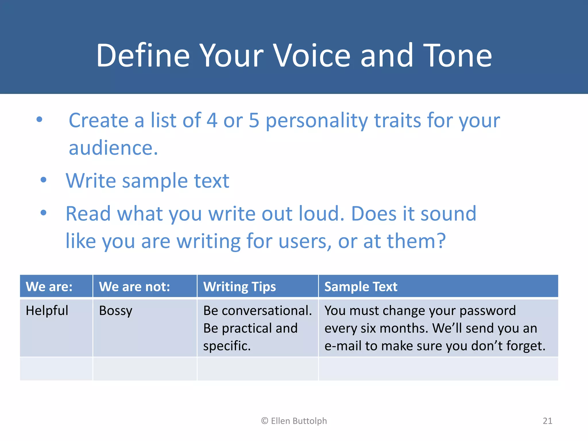 Define Your Voice and Tone
• Create a list of 4 or 5 personality traits for your
audience.
• Write sample text
• Read what you write out loud. Does it sound
like you are writing for users, or at them?
21© Ellen Buttolph
We are: We are not: Writing Tips Sample Text
Helpful Bossy Be conversational.
Be practical and
specific.
You must change your password
every six months. We’ll send you an
e-mail to make sure you don’t forget.
 
