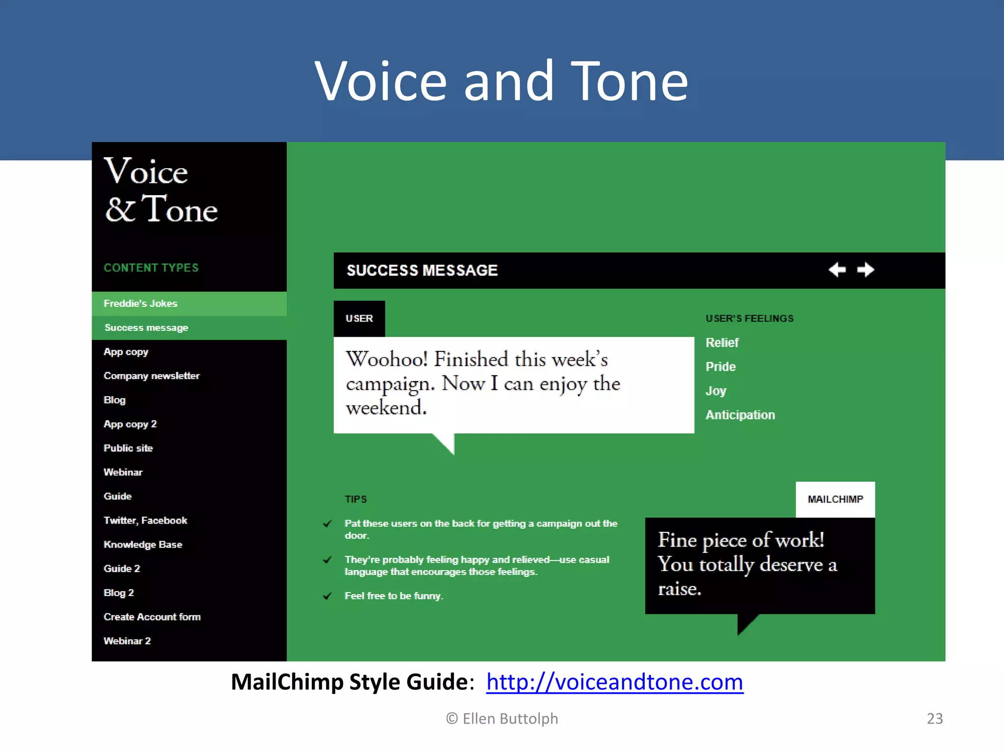 Voice and Tone
MailChimp Style Guide: http://voiceandtone.com
23© Ellen Buttolph
 