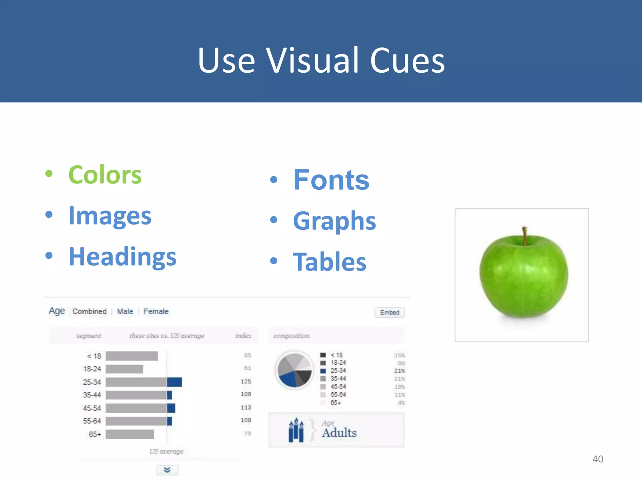 Use Visual Cues
• Colors
• Images
• Headings
40© Ellen Buttolph
• Fonts
• Graphs
• Tables
 