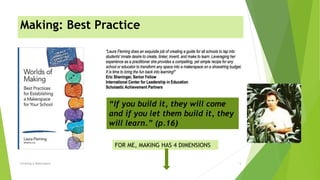 Making: Best Practice
Creating A Makerspace 5
FOR ME, MAKING HAS 4 DIMENSIONS
“If you build it, they will come
and if you let them build it, they
will learn.” (p.16)
 
