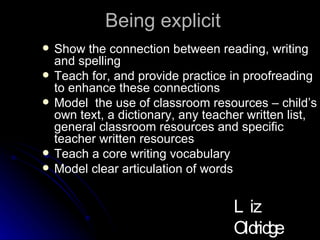 Being explicit Show the connection between reading, writing and spelling Teach for, and provide practice in proofreading to enhance these connections Model  the use of classroom resources – child’s own text, a dictionary, any teacher written list, general classroom resources and specific teacher written resources  Teach a core writing vocabulary Model clear articulation of words Liz Oldridge NZRA 2009 