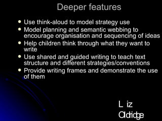 Deeper features Use think-aloud to model strategy use Model planning and semantic webbing to encourage organisation and sequencing of ideas Help children think through what they want to write Use shared and guided writing to teach text structure and different strategies/conventions Provide writing frames and demonstrate the use of them Liz Oldridge NZRA 2009 