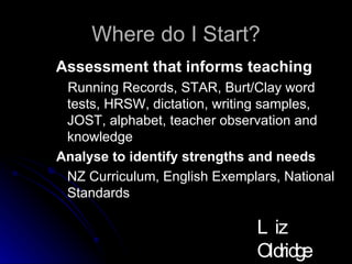 Where do I Start? Assessment that informs teaching Running Records, STAR, Burt/Clay word tests, HRSW, dictation, writing samples, JOST, alphabet, teacher observation and knowledge Analyse to identify strengths and needs NZ Curriculum, English Exemplars, National Standards Liz Oldridge NZRA 2009 