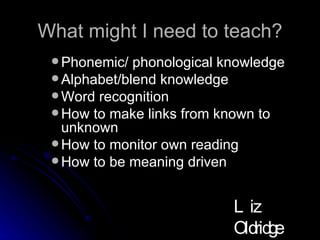 What might I need to teach? Phonemic/ phonological knowledge Alphabet/blend knowledge Word recognition How to make links from known to unknown How to monitor own reading How to be meaning driven Liz Oldridge NZRA 2009 