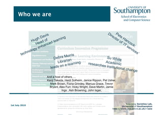 Who we areHugh DavisHead of technology enhanced learningPete Hancock:Director of ’IT services’Debra MorrisLibrarianleads on e-learningSu WhiteAcademicresearches institutional changeAnd a host of others….Kenji Takeda, Heidi Solheim, Janice Rippon, Pat Usher, Mark Brown, Fiona Grindey, Marcus Grace, Trevor Bryant, Alex Furr, Vicky Wright, Dave Martin, Jamie Ings , Ash Browning, John IsgerPatron/Sponsor PVC Humphris
