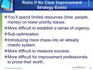 Risks If No Clear Improvement
Strategy Exists
You’ll spend limited resources (time, people,
money) on lower priority issues.
More difficult to establish a sense of urgency.
Sub-optimization.
Introducing more chaos into an already
chaotic system.
More difficult to measure success.
More difficult for improvement professionals
to prove their worth.
© 2011 Karen Martin & Associates

10

 