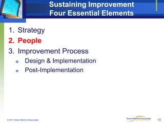 Sustaining Improvement
Four Essential Elements
1. Strategy
2. People
3. Improvement Process



Design & Implementation
Post-Implementation

© 2011 Karen Martin & Associates

16

 