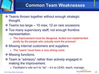 Common Team Weaknesses
 Teams thrown together without enough strategic
thought.
 Teams too large – 10 max; 12 on rare occasions
 Too many supervisory staff; not enough frontline
representation.


The improvement must be designed, tested and implemented
jointly by the people who actually work the process!

 Missing internal customers and suppliers.


The “users” must have a very strong voice.

 Missing functions.
 Team is “advisory” rather than actively engaged in
making the improvement.


Facilitator’s role isn’t to “do” – it’s to LEAD, teach, manage.

© 2011 Karen Martin & Associates

20

 