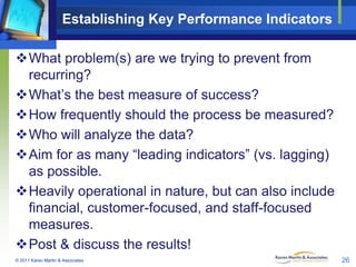 Establishing Key Performance Indicators
What problem(s) are we trying to prevent from
recurring?
What’s the best measure of success?
How frequently should the process be measured?
Who will analyze the data?
Aim for as many “leading indicators” (vs. lagging)
as possible.
Heavily operational in nature, but can also include
financial, customer-focused, and staff-focused
measures.
Post & discuss the results!
© 2011 Karen Martin & Associates

26

 