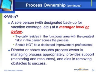 Process Ownership (continued)
Who?


A sole person (with designated back-up for
vacation coverage, etc.) at a manager level or
below.
 Typically resides in the functional area with the greatest
“skin in the game” across the process.
 Should NOT be a dedicated improvement professional.



Director or above assures process owner is
managing process appropriately, provides support
(mentoring and resources), and aids in removing
obstacles to success.

© 2011 Karen Martin & Associates

34

 