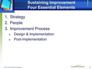 Sustaining Improvement
Four Essential Elements
1. Strategy
2. People
3. Improvement Process



Design & Implementation
Post-Implementation

© 2011 Karen Martin & Associates

4

 
