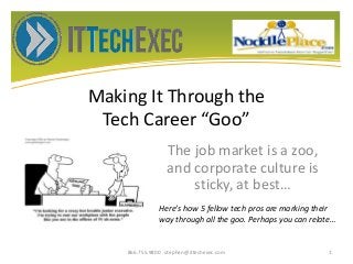Making It Through the
Tech Career “Goo”
The job market is a zoo,
and corporate culture is
sticky, at best…
866.755.9800 stephen@ittechexec.com 1
Here’s how 5 fellow tech pros are marking their
way through all the goo. Perhaps you can relate…
 