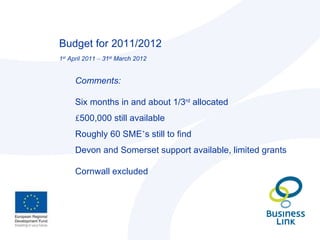 Budget for 2011/2012 1 st  April 2011  –  31 st  March 2012 Comments: Six months in and about 1/3 rd  allocated £ 500,000 still available Roughly 60 SME ’ s still to find Devon and Somerset support available, limited grants Cornwall excluded 