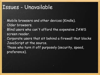 Issues - Unavailable <ul><ul><li>Mobile browsers and other devices (Kindle). </li></ul></ul><ul><ul><li>Older browsers. </...