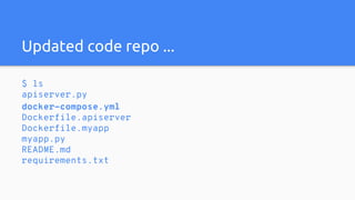 Updated code repo ...
$ ls
apiserver.py
docker-compose.yml
Dockerfile.apiserver
Dockerfile.myapp
myapp.py
README.md
requirements.txt
 