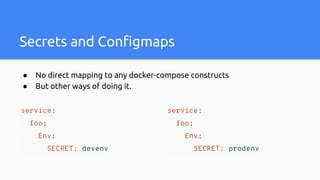 Secrets and Configmaps
● No direct mapping to any docker-compose constructs
● But other ways of doing it.
service:
foo:
Env:
SECRET: devenv
service:
foo:
Env:
SECRET: prodenv
 