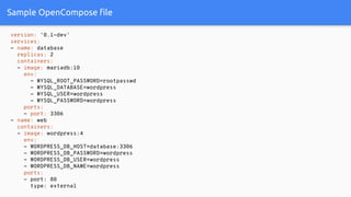 Sample OpenCompose file
version: '0.1-dev'
services:
- name: database
replicas: 2
containers:
- image: mariadb:10
env:
- MYSQL_ROOT_PASSWORD=rootpasswd
- MYSQL_DATABASE=wordpress
- MYSQL_USER=wordpress
- MYSQL_PASSWORD=wordpress
ports:
- port: 3306
- name: web
containers:
- image: wordpress:4
env:
- WORDPRESS_DB_HOST=database:3306
- WORDPRESS_DB_PASSWORD=wordpress
- WORDPRESS_DB_USER=wordpress
- WORDPRESS_DB_NAME=wordpress
ports:
- port: 80
type: external
 