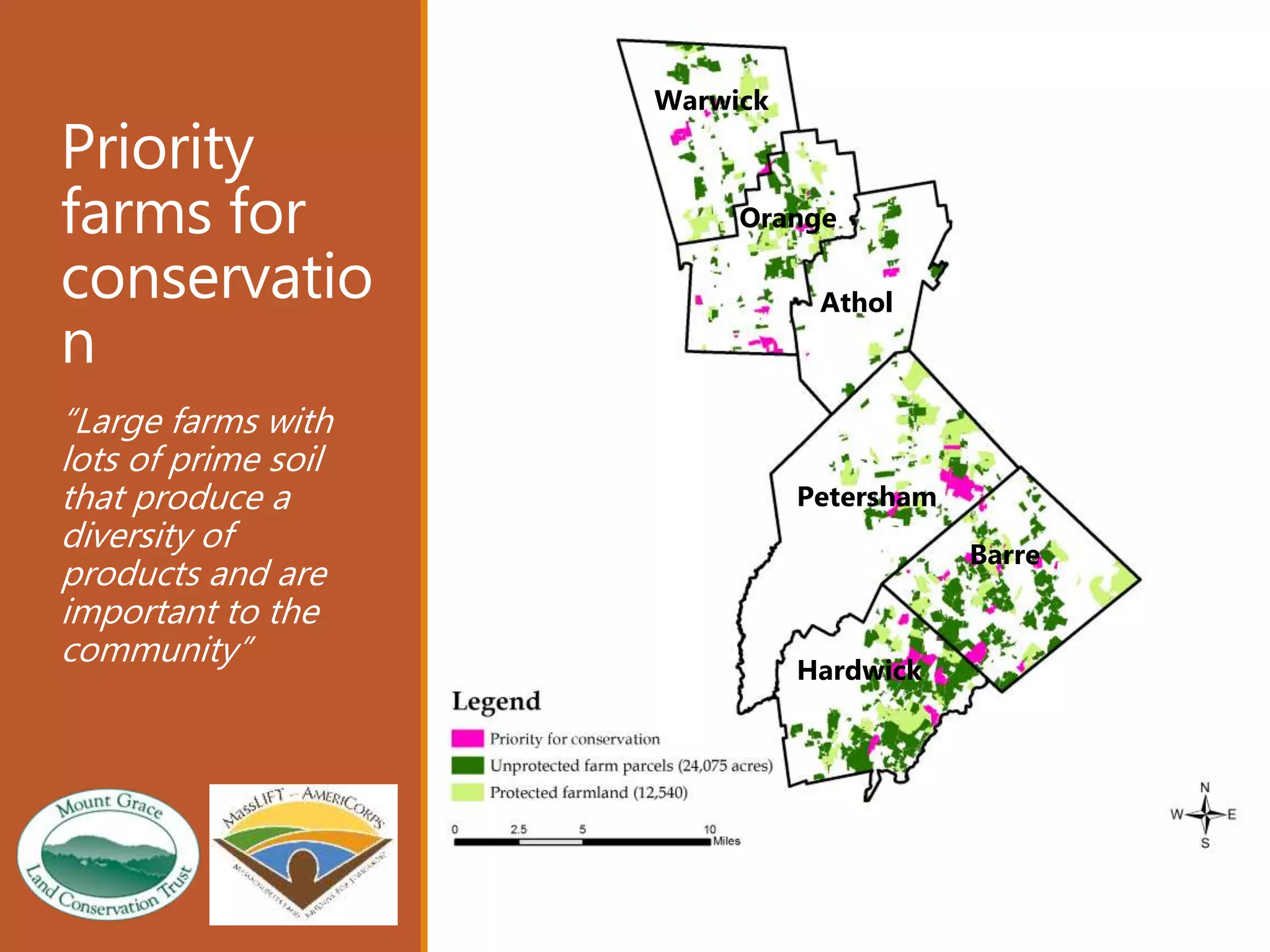 Priority
farms for
conservatio
n
“Large farms with
lots of prime soil
that produce a
diversity of
products and are
important to the
community”
Warwick
Orange
Athol
Petersham
Barre
Hardwick
 