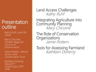 Presentation
outline
Land Access Challenges
Kathy Ruhf
Integrating Agriculture into
Community Planning
Mary Chicoine
The Role of Conservation
Organizations
Jamie Pottern
Tools for Assessing Farmland
Kathleen Doherty
Kathy Ruhf, Land for
Good
Mary Chicoine,
Franklin Regional
Council of
Governments
Jamie Pottern, Mount
Grace Land
Conservation Trust
Kathleen Doherty,
MassLIFT-
AmeriCorps 2015-
2016
 
