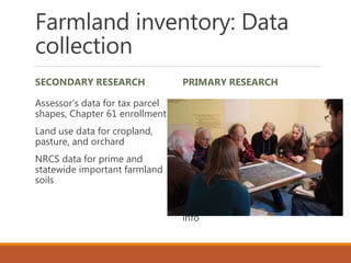Farmland inventory: Data
collection
SECONDARY RESEARCH
Assessor’s data for tax parcel
shapes, Chapter 61 enrollment
Land use data for cropland,
pasture, and orchard
NRCS data for prime and
statewide important farmland
soils
PRIMARY RESEARCH
Farm products
Farm name
Farm infrastructure
Leasing info
Conservation status
Succession planning info
Updated landowner mailing
info
 