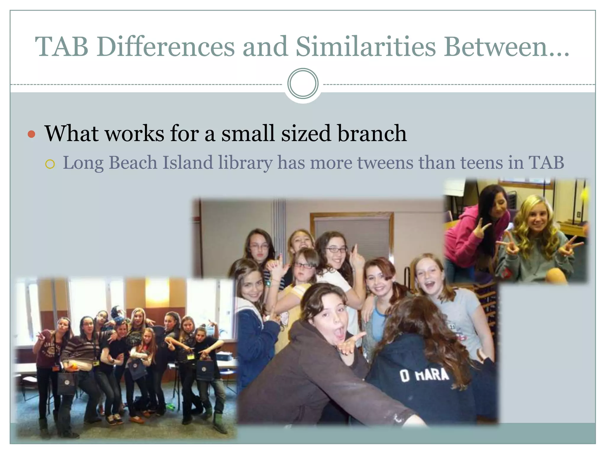 TAB Differences and Similarities Between…
 What works for a small sized branch
 Long Beach Island library has more tweens than teens in TAB
 