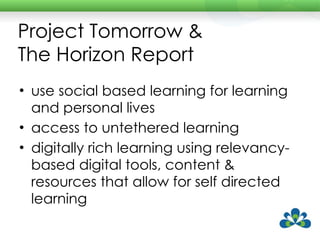 Project Tomorrow & The Horizon Report use social based learning for learning and personal lives access to untethered learning digitally rich learning using relevancy-based digital tools, content & resources that allow for self directed learning 