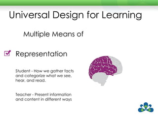 Universal Design for Learning Multiple Means of Representation Student - How we gather facts and categorize what we see, hear, and read. Teacher - Present information and content in different ways 