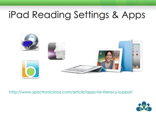 iPad Reading Settings & Apps http://www.spectronicsinoz.com/article/apps-for-literacy-support   