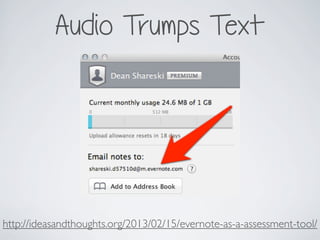 Audio Trumps Text
http://ideasandthoughts.org/2013/02/15/evernote-as-a-assessment-tool/
 