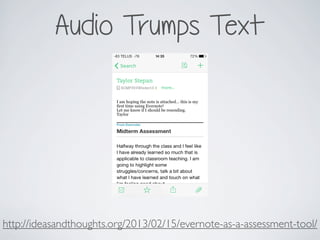 Audio Trumps Text
http://ideasandthoughts.org/2013/02/15/evernote-as-a-assessment-tool/
 