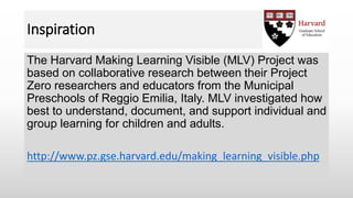 Inspiration
The Harvard Making Learning Visible (MLV) Project was
based on collaborative research between their Project
Zero researchers and educators from the Municipal
Preschools of Reggio Emilia, Italy. MLV investigated how
best to understand, document, and support individual and
group learning for children and adults.
http://www.pz.gse.harvard.edu/making_learning_visible.php
 