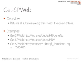 
       

 
       
       
       



Michael Greene - @webdes03   Intellinet - @IntellinetCorp   24   |SharePoint Saturday Atlanta
 