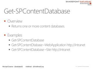 
       

 
       
       
       



Michael Greene - @webdes03   Intellinet - @IntellinetCorp   26   |SharePoint Saturday Atlanta
 