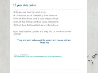 18 year olds online 85% Access the internet at home 61% access social networking sites at home 50% of their online time is via a mobile device 20% of this time is spent on social networking 95% of them feel confident as an internet user And they trust the content that they find far more than other groups They are used to having information and people at their fingertips Source:  OFCOM 2010 ( http://stakeholders.ofcom.org.uk/binaries/research/cmr/753567/UK-internet.pdf ) 
