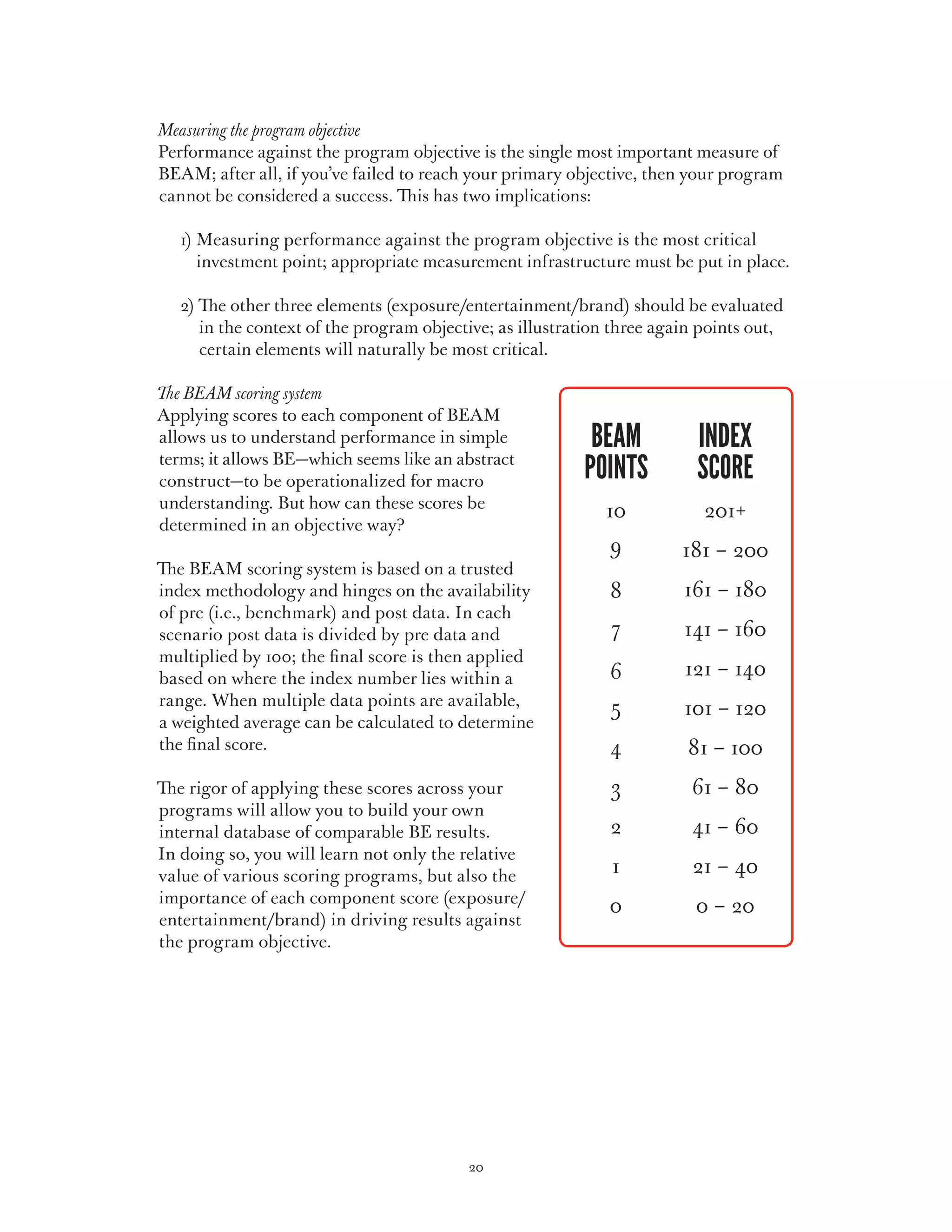 Measuring the program objective
Performance against the program objective is the single most important measure of
BEAM; after all, if you’ve failed to reach your primary objective, then your program
cannot be considered a success. This has two implications:

	   1)  easuring performance against the program objective is the most critical
       M
       investment point; appropriate measurement infrastructure must be put in place.

	   2)  e other three elements (exposure/entertainment/brand) should be evaluated
       Th
       in the context of the program objective; as illustration three again points out,
       certain elements will naturally be most critical.

The BEAM scoring system
Applying scores to each component of BEAM
allows us to understand performance in simple           	beam	 index
terms; it allows BE—which seems like an abstract
construct—to be operationalized for macro               	points	score
understanding. But how can these scores be
                                                        	10	                201+
determined in an objective way?
                                                        	      9	        181 – 200
The BEAM scoring system is based on a trusted
index methodology and hinges on the availability        	      8	        161 – 180
of pre (i.e., benchmark) and post data. In each
scenario post data is divided by pre data and           	      7	        141 – 160
multiplied by 100; the final score is then applied
based on where the index number lies within a
                                                        	      6	        121 – 140
range. When multiple data points are available,                5	
                                                        	                101 – 120
a weighted average can be calculated to determine
the final score.                                        	      4	        81 – 100
The rigor of applying these scores across your          	      3	         61 – 80
programs will allow you to build your own
internal database of comparable BE results.             	      2	         41 – 60
In doing so, you will learn not only the relative
value of various scoring programs, but also the         	      1	         21 – 40
importance of each component score (exposure/
                                                        	      0	          0 – 20
entertainment/brand) in driving results against
the program objective.




                                           20
 