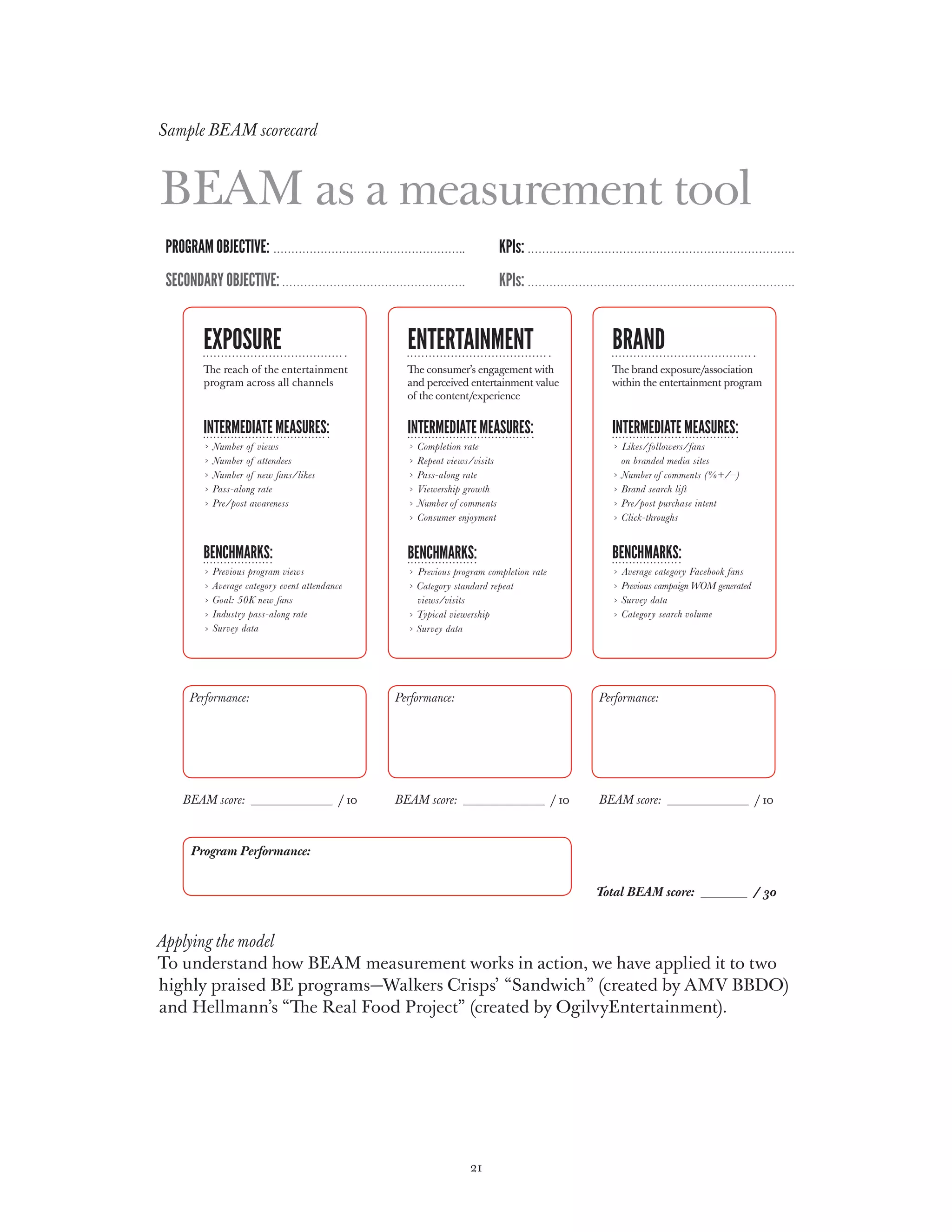 Sample BEAM scorecard



BEAM as a measurement tool
 Program Objective:                                                        KPIs:
 Secondary Objective:                                                      KPIs:


       Exposure                                   ENTERtainment                                 BRAND
       The reach of the entertainment             The consumer’s engagement with                The brand exposure/association
       program across all channels                and perceived entertainment value             within the entertainment program
                                                  of the content/experience


       Intermediate measures:                     Intermediate measures:                        Intermediate measures:
         Number of views	                           Completion rate	                              Likes/followers/fans
         Number of attendees	                       Repeat views/visits	                          on branded media sites	
         Number of new fans/likes	                  Pass-along rate	                              Number of comments (%+/–)	
         Pass-along rate	                           Viewership growth	                            Brand search lift
         Pre/post awareness	                        Number of comments	                           Pre/post purchase intent
                                                    Consumer enjoyment                            Click-throughs


       Benchmarks:                                Benchmarks:                                   Benchmarks:
         Previous program views	                    Previous program completion rate              Average category Facebook fans
         Average category event attendance          Category standard repeat                      Previous campaign WOM generated
         Goal: 50K new fans	                        views/visits	                                 Survey data	
         Industry pass-along rate	                  Typical viewership	                           Category search volume
         Survey data	                               Survey data	




     Performance:                               Performance:                                  Performance:




   BEAM score:                           / 10   BEAM score:                            / 10   BEAM score:                           / 10



     Program Performance:


                                                                                              Total BEAM score:                     / 30



Applying the model
To understand how BEAM measurement works in action, we have applied it to two
highly praised BE programs—Walkers Crisps’ “Sandwich” (created by AMV BBDO)
and Hellmann’s “The Real Food Project” (created by OgilvyEntertainment).




                                                                 21
 