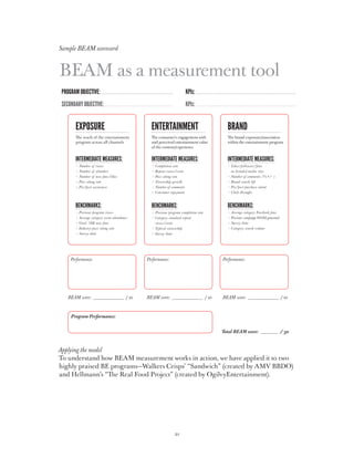 Sample BEAM scorecard



BEAM as a measurement tool
 Program Objective:                                                        KPIs:
 Secondary Objective:                                                      KPIs:


       Exposure                                   ENTERtainment                                 BRAND
       The reach of the entertainment             The consumer’s engagement with                The brand exposure/association
       program across all channels                and perceived entertainment value             within the entertainment program
                                                  of the content/experience


       Intermediate measures:                     Intermediate measures:                        Intermediate measures:
         Number of views	                           Completion rate	                              Likes/followers/fans
         Number of attendees	                       Repeat views/visits	                          on branded media sites	
         Number of new fans/likes	                  Pass-along rate	                              Number of comments (%+/–)	
         Pass-along rate	                           Viewership growth	                            Brand search lift
         Pre/post awareness	                        Number of comments	                           Pre/post purchase intent
                                                    Consumer enjoyment                            Click-throughs


       Benchmarks:                                Benchmarks:                                   Benchmarks:
         Previous program views	                    Previous program completion rate              Average category Facebook fans
         Average category event attendance          Category standard repeat                      Previous campaign WOM generated
         Goal: 50K new fans	                        views/visits	                                 Survey data	
         Industry pass-along rate	                  Typical viewership	                           Category search volume
         Survey data	                               Survey data	




     Performance:                               Performance:                                  Performance:




   BEAM score:                           / 10   BEAM score:                            / 10   BEAM score:                           / 10



     Program Performance:


                                                                                              Total BEAM score:                     / 30



Applying the model
To understand how BEAM measurement works in action, we have applied it to two
highly praised BE programs—Walkers Crisps’ “Sandwich” (created by AMV BBDO)
and Hellmann’s “The Real Food Project” (created by OgilvyEntertainment).




                                                                 21
 