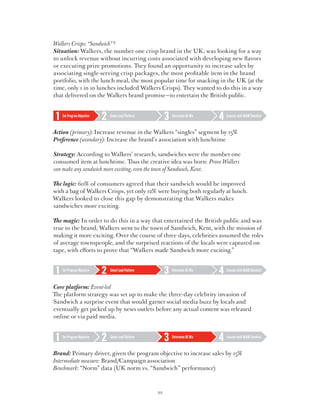Walkers Crisps: “Sandwich” 3
Situation: Walkers, the number one crisp brand in the UK, was looking for a way
to unlock revenue without incurring costs associated with developing new flavors
or executing prize promotions. They found an opportunity to increase sales by
associating single-serving crisp packages, the most profitable item in the brand
portfolio, with the lunch meal, the most popular time for snacking in the UK (at the
time, only 1 in 10 lunches included Walkers Crisps). They wanted to do this in a way
that delivered on the Walkers brand promise—to entertain the British public.


   Set Program Objective   Select Lead Platform        Determine BE Mix   Execute with BEAM Checklist



Action (primary): Increase revenue in the Walkers “singles” segment by 15%
Preference (secondary): Increase the brand’s association with lunchtime

Strategy: According to Walkers’ research, sandwiches were the number one
consumed item at lunchtime. Thus the creative idea was born: Prove Walkers
can make any sandwich more exciting, even the town of Sandwich, Kent.

The logic: 60% of consumers agreed that their sandwich would be improved
with a bag of Walkers Crisps, yet only 12% were buying both regularly at lunch.
Walkers looked to close this gap by demonstrating that Walkers makes
sandwiches more exciting.

The magic: In order to do this in a way that entertained the British public and was
true to the brand, Walkers went to the town of Sandwich, Kent, with the mission of
making it more exciting. Over the course of three days, celebrities assumed the roles
of average townspeople, and the surprised reactions of the locals were captured on
tape, with efforts to prove that “Walkers made Sandwich more exciting.”


   Set Program Objective   Select Lead Platform        Determine BE Mix   Execute with BEAM Checklist



Core platform: Event-led
The platform strategy was set up to make the three-day celebrity invasion of
Sandwich a surprise event that would garner social media buzz by locals and
eventually get picked up by news outlets before any actual content was released
online or via paid media.


   Set Program Objective   Select Lead Platform        Determine BE Mix   Execute with BEAM Checklist



Brand:  rimary driver, given the program objective to increase sales by 15%
        P
Intermediate measure: Brand/Campaign association
Benchmark: “Norm” data (UK norm vs. “Sandwich” performance)



                                                  22
 