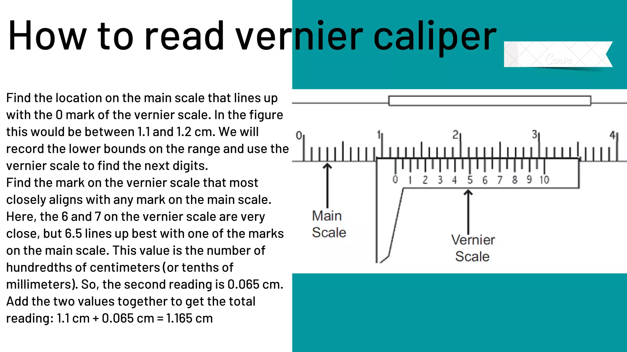 How to read vernier caliper
Find the location on the main scale that lines up
with the 0 mark of the vernier scale. In the figure
this would be between 1.1 and 1.2 cm. We will
record the lower bounds on the range and use the
vernier scale to find the next digits.
Find the mark on the vernier scale that most
closely aligns with any mark on the main scale.
Here, the 6 and 7 on the vernier scale are very
close, but 6.5 lines up best with one of the marks
on the main scale. This value is the number of
hundredths of centimeters (or tenths of
millimeters). So, the second reading is 0.065 cm.
Add the two values together to get the total
reading: 1.1 cm + 0.065 cm = 1.165 cm
 