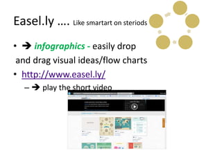 Easel.ly …. Like smartart on steriods
•  infographics - easily drop
 and drag visual ideas/flow charts
• http://www.easel.ly/
   –  play the short video
 