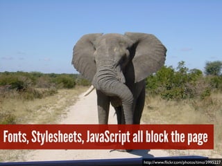 Fonts, Stylesheets, JavaScript all block the page
http://www.ﬂickr.com/photos/timo/3995227
 