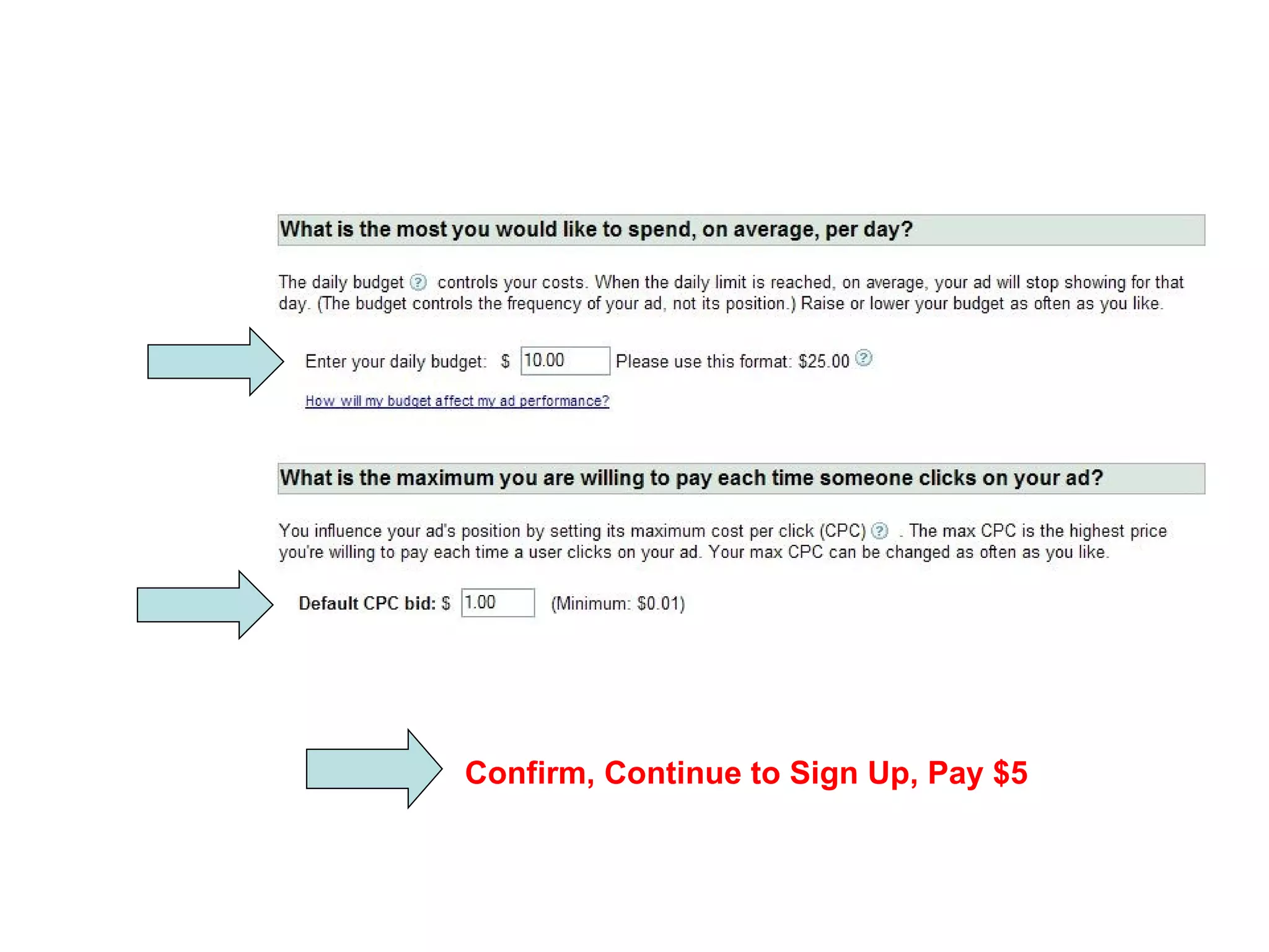 Confirm, Continue to Sign Up, Pay $5 
