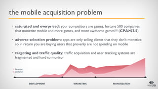 the mobile acquisition problem
•

saturated and overpriced: your competitors are games, fortune 500 companies
that monetiz...