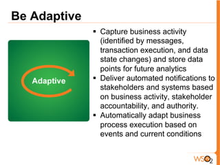 Be Adaptive
§  Capture business activity
(identified by messages,
transaction execution, and data
state changes) and store data
points for future analytics
§  Deliver automated notifications to
stakeholders and systems based
on business activity, stakeholder
accountability, and authority.
§  Automatically adapt business
process execution based on
events and current conditions
 