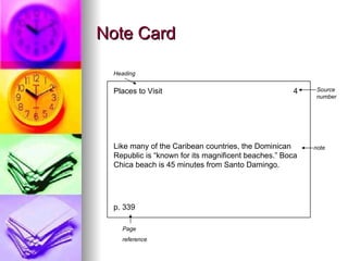 Note Card Like many of the Caribean countries, the Dominican Republic is “known for its magnificent beaches.” Boca Chica beach is 45 minutes from Santo Damingo. note 4 Source number Places to Visit p. 339 Heading Page reference 